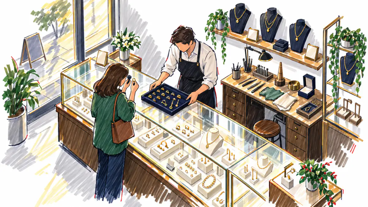 Marker sketch of a jeweler showing a tray of gold rings to a customer at a glass case, with a workbench and necklace busts behind