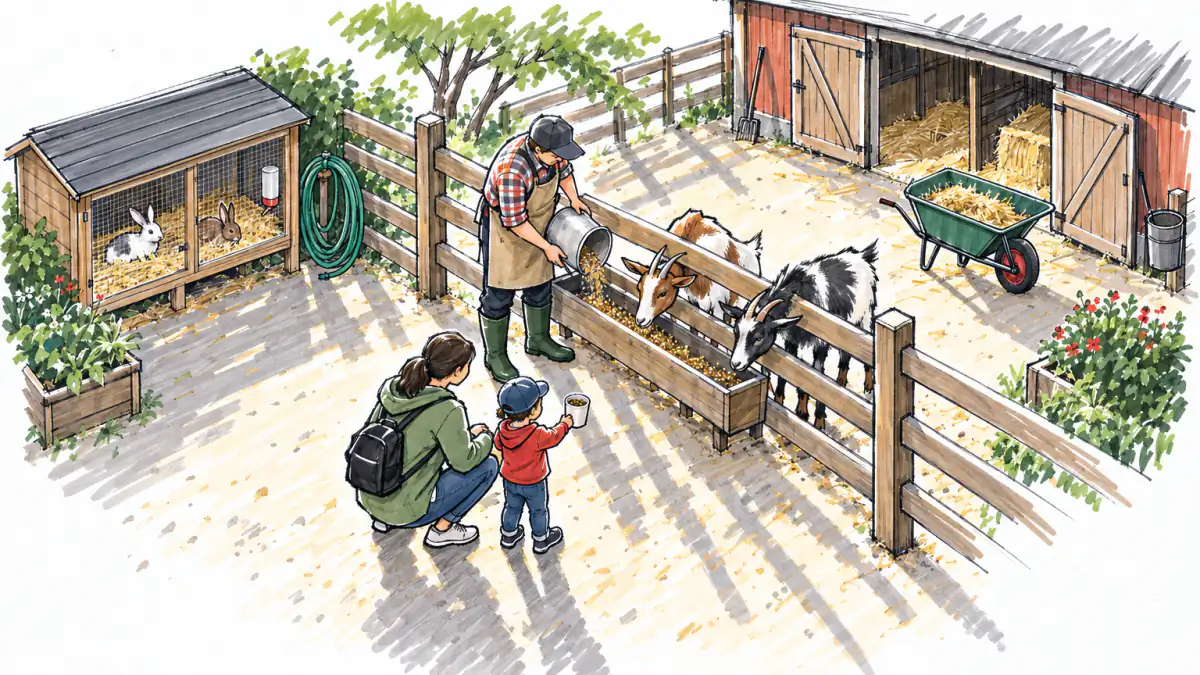 Marker sketch of a keeper filling a feed trough as goats lean through a fence toward a child holding a cup of pellets