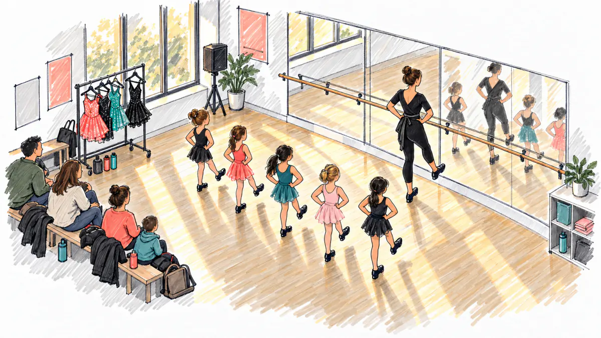 Marker sketch of a teacher leading kids in leotards at a mirrored barre while parents wait on a bench by a costume rack