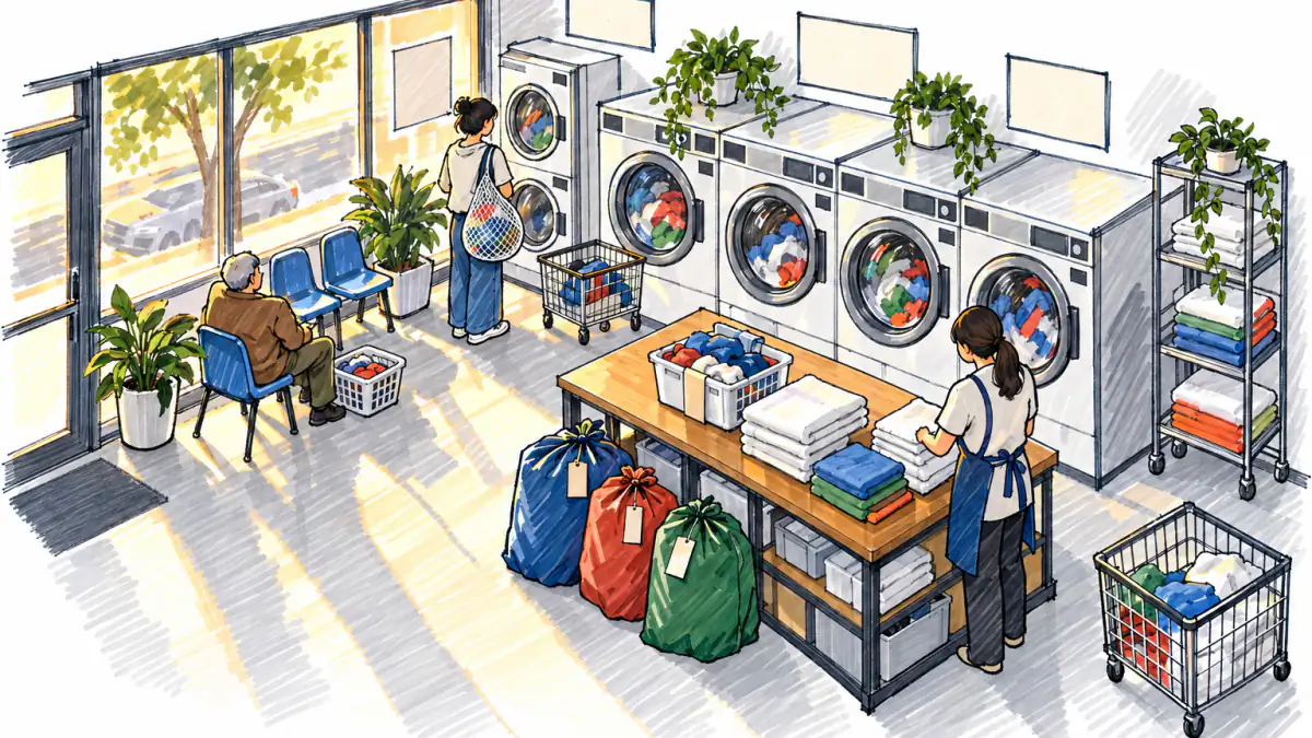 Marker sketch of a laundromat with washers spinning, an attendant folding towels at a counter, and customers waiting with laundry baskets
