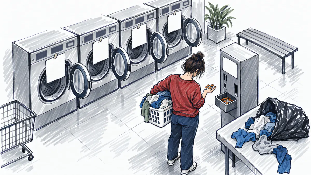 Sketch of idle washers with open doors, a customer counting coins by a changer, and wrinkled shirts spilling from a trash bag