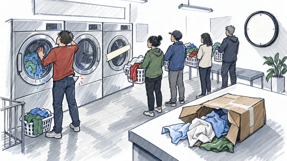 Marker sketch of a customer at a broken washer with wet clothes inside, people waiting with baskets, and a crumpled delivery bundle