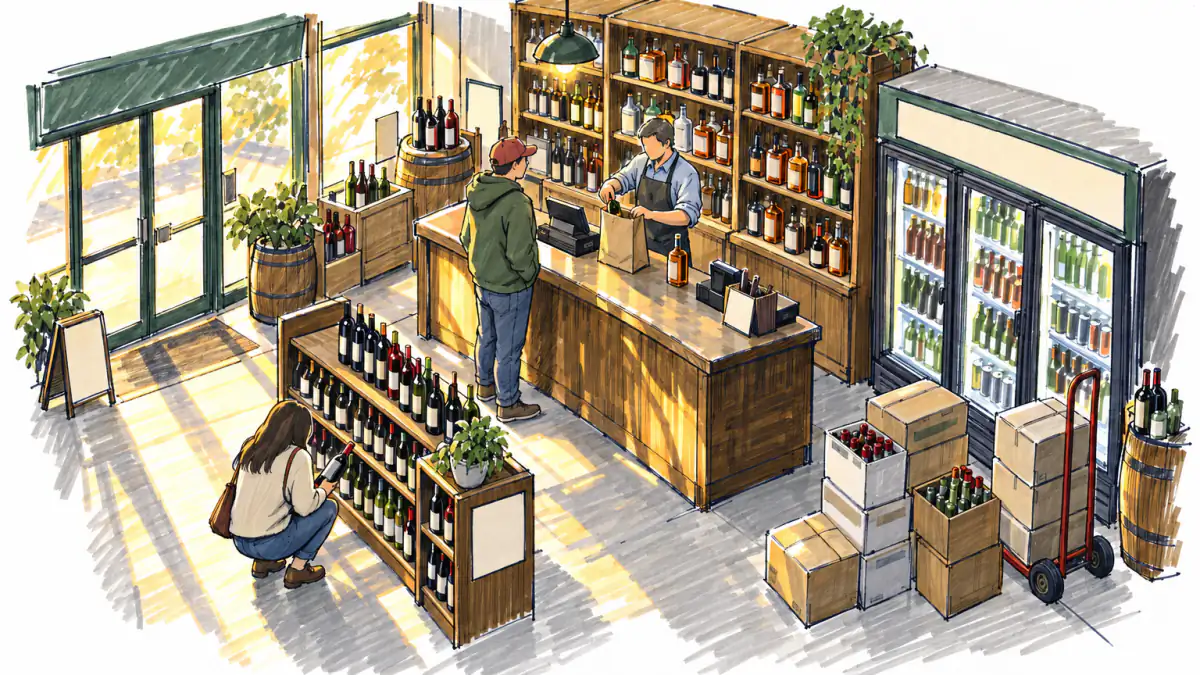 Marker sketch of a liquor store owner bagging beer and bourbon at a wooden counter while another shopper browses wine shelves