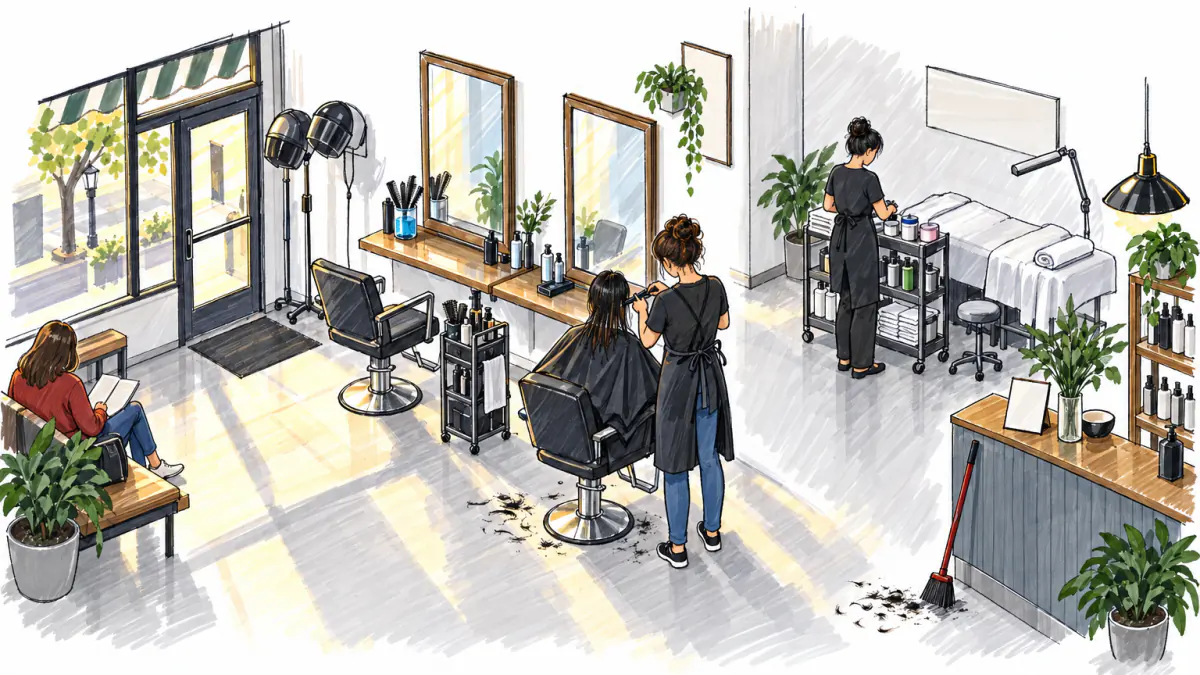 Marker sketch of a small salon with a stylist cutting a caped client's hair while a coworker preps wax pots and towels in sunlight