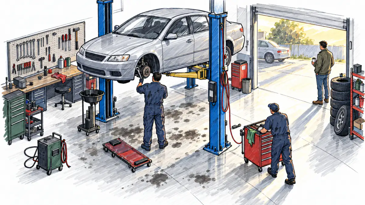 Marker sketch of two mechanics working under a sedan on a lift in a sunlit garage bay while a customer waits by tires