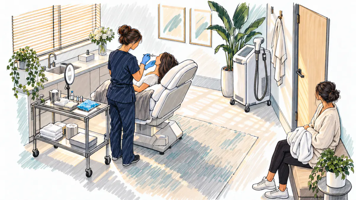 Marker sketch of a nurse in scrubs treating a reclined client beside a supply cart, with a laser machine and a waiting client nearby