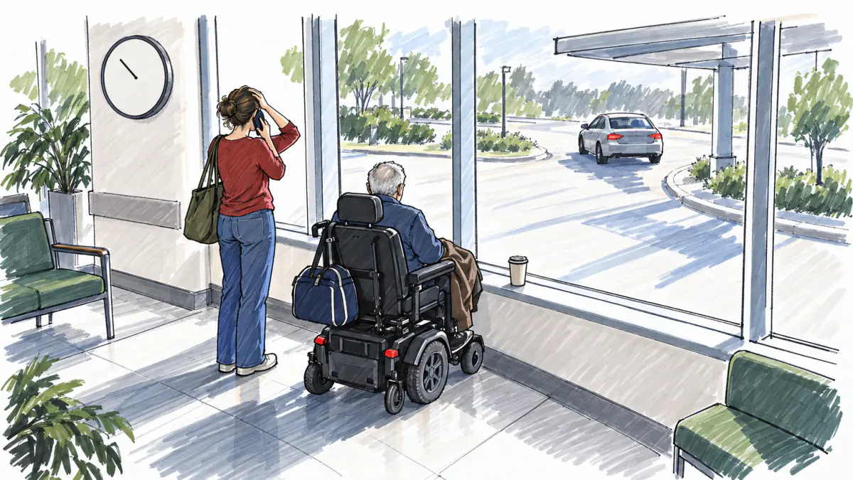 Marker sketch of an elderly man in a power wheelchair waiting in a hospital lobby while his daughter makes a phone call by the window