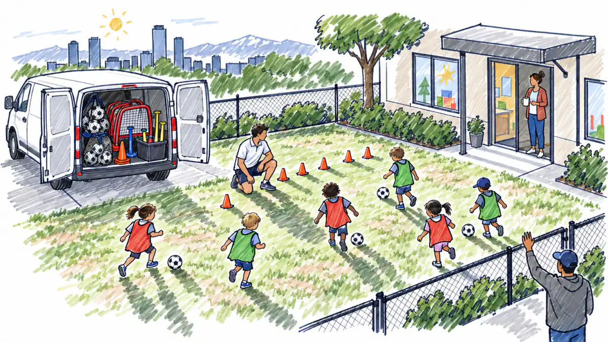 Marker sketch of a coach running a soccer drill for preschoolers on a daycare playground, a van of balls and tees open nearby