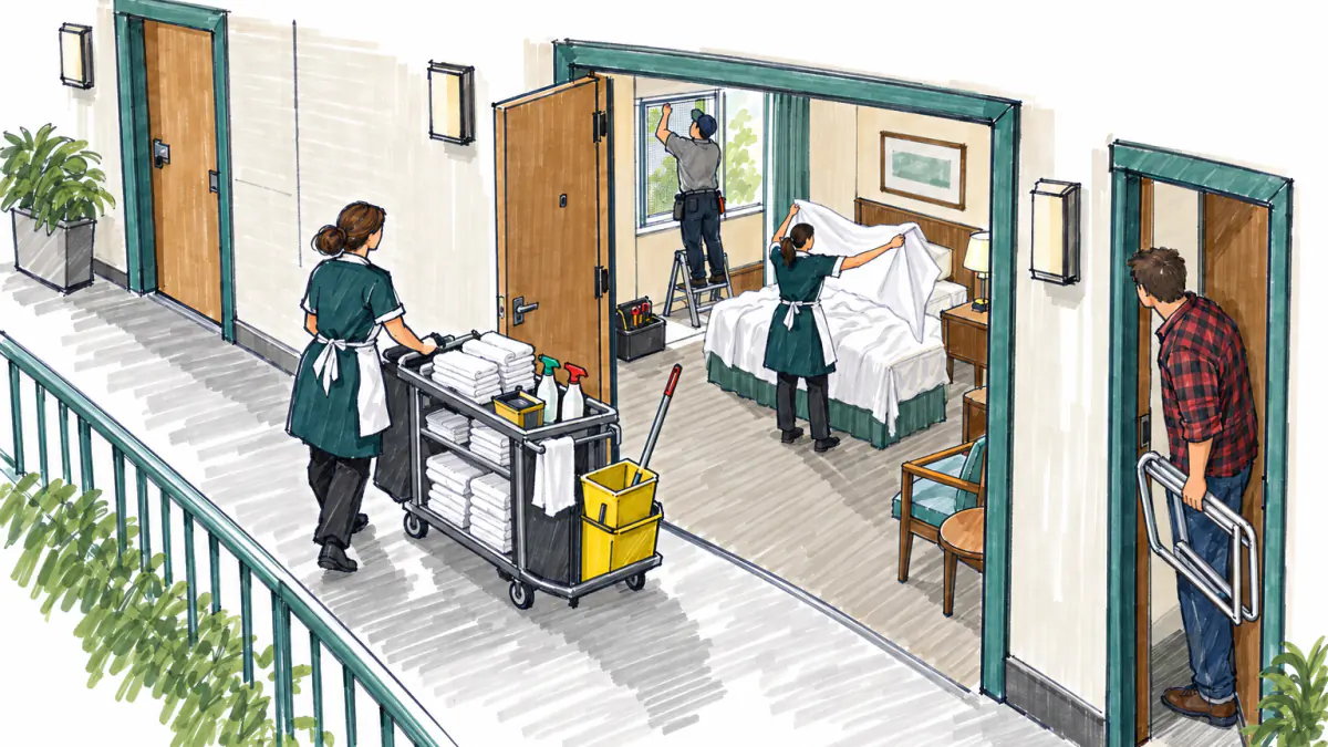 Marker sketch of a housekeeper pushing a towel cart down a motel hallway while staff fix a window screen and change bed sheets