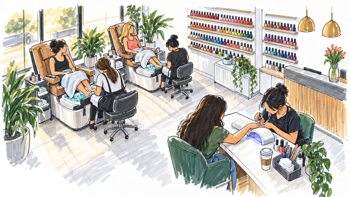 Marker sketch of a nail salon with a technician painting a client's nails under a lamp while two women sit in pedicure chairs