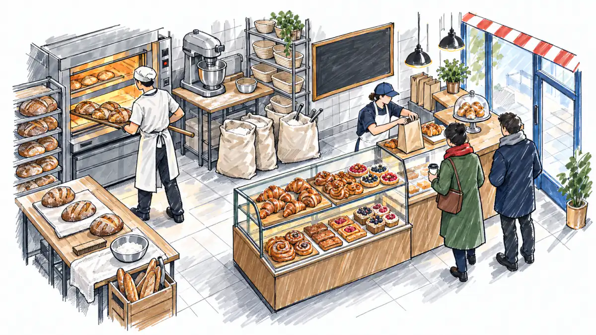 Marker sketch of bakers pulling bread from an oven while customers buy pastries at a glass counter in early morning light