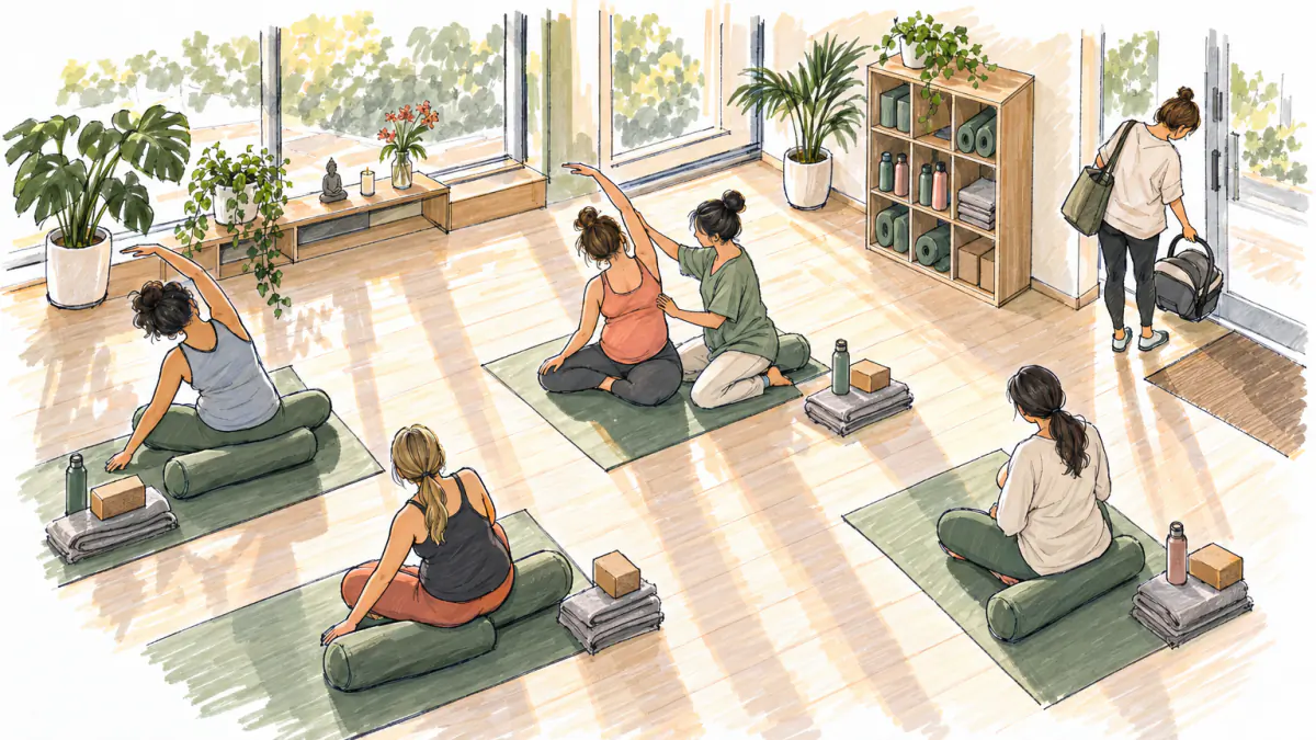 Marker sketch of an instructor guiding a pregnant student in a sunlit yoga room as other women stretch and a mother arrives with a baby carrier
