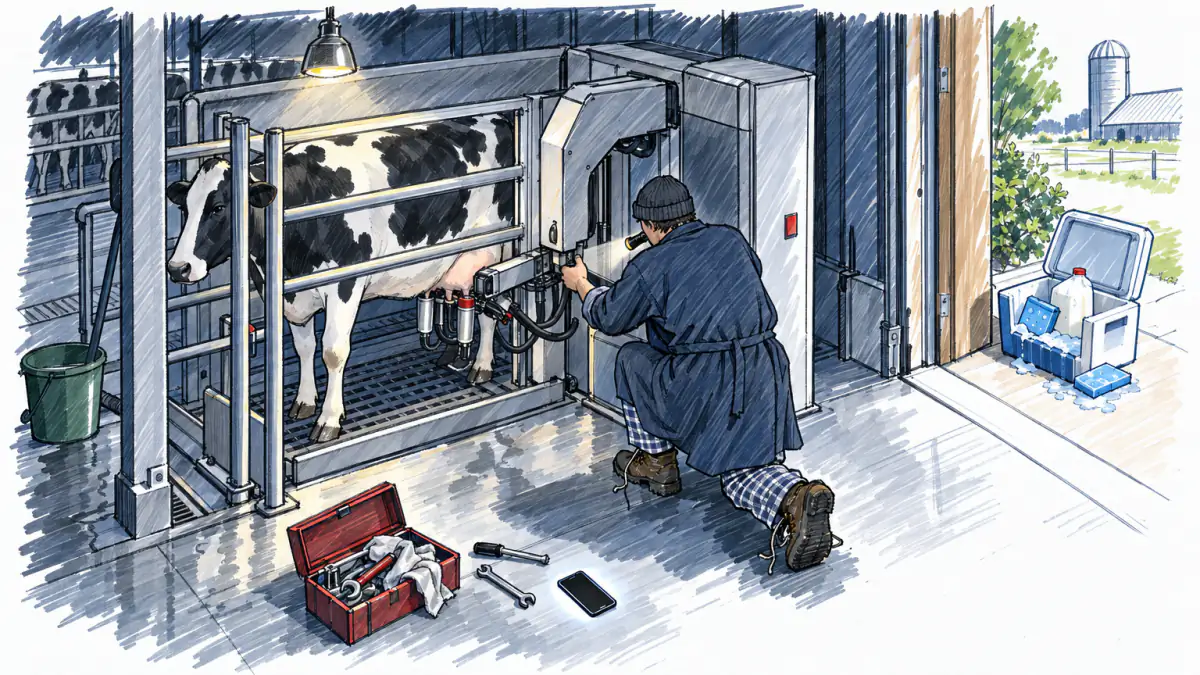 Marker sketch of a farmer at night fixing a robotic milking arm by flashlight, with an inset of an open delivery cooler with melted ice packs