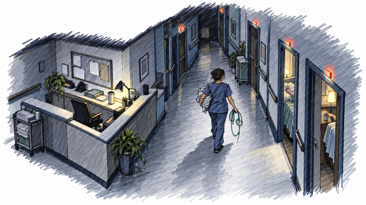 Marker sketch of a single aide rushing down a dark nursing home hallway at night past glowing call lights and an empty station