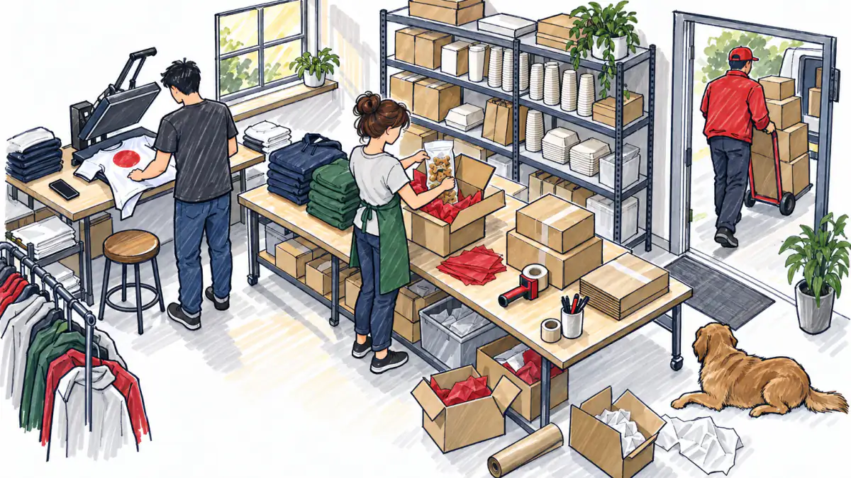 Two people packing hoodies, dog biscuits and takeout cups into kraft boxes as a courier carts parcels out of a sunlit back room