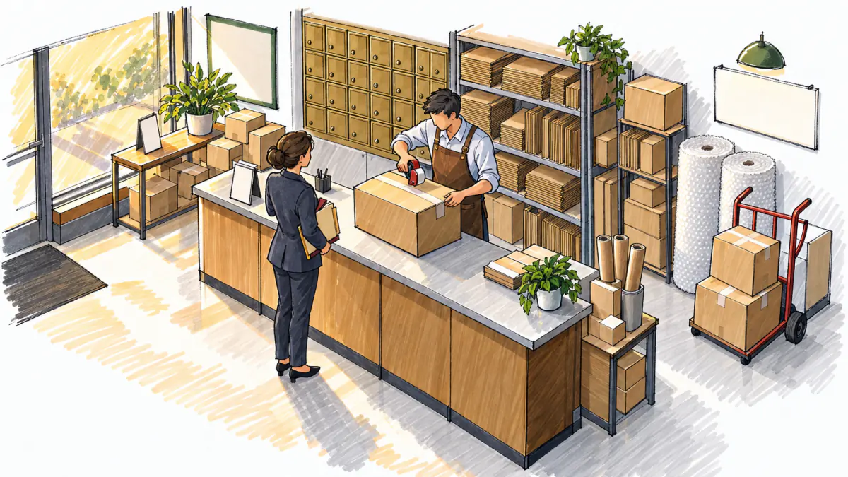Marker sketch of a clerk taping a box at a shipping store counter as a customer waits beside mailboxes and stacked parcels