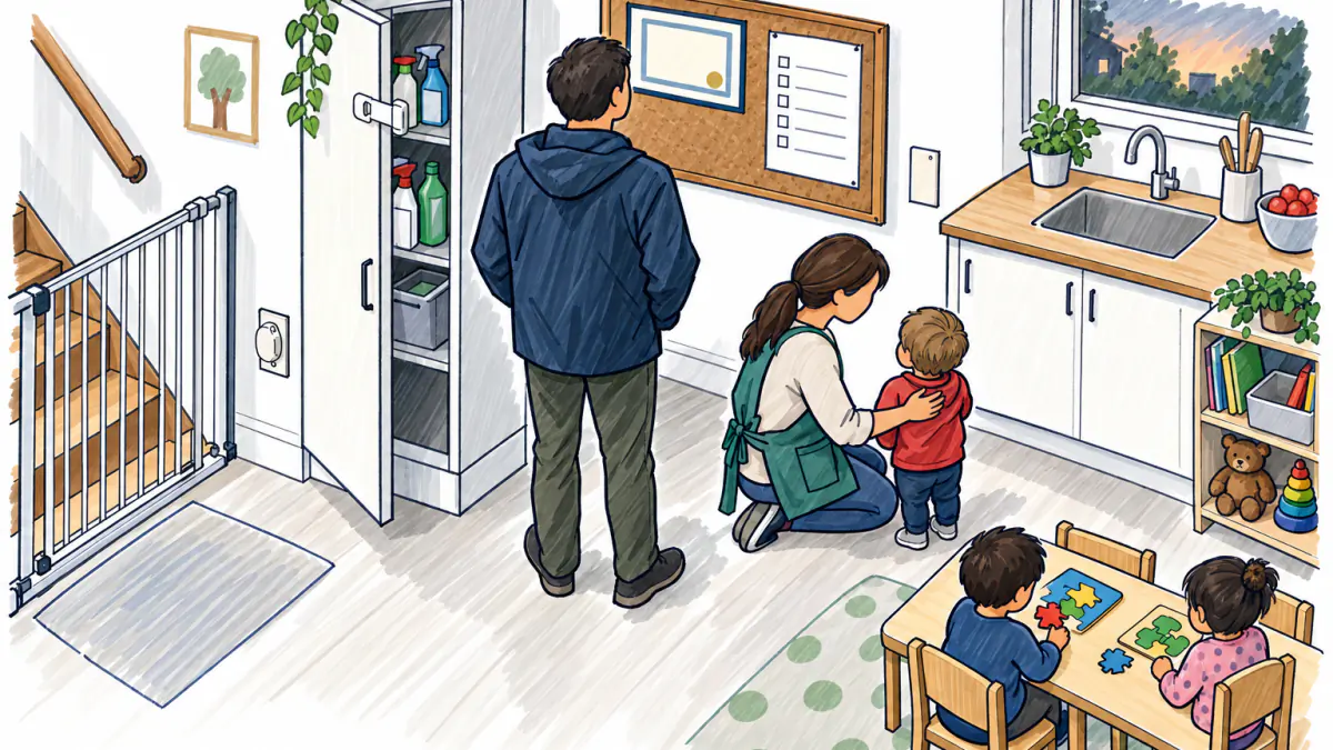 Marker sketch of a father viewing a pinned certificate in a daycare kitchen with latched cabinets while a caregiver kneels beside a toddler