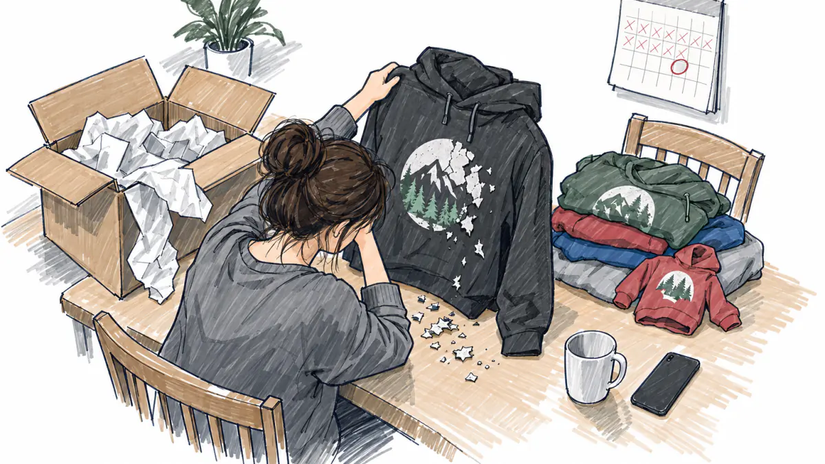 Marker sketch of a woman at a kitchen table holding up a hoodie with a cracked, peeling print beside an opened parcel and mismatched shirts
