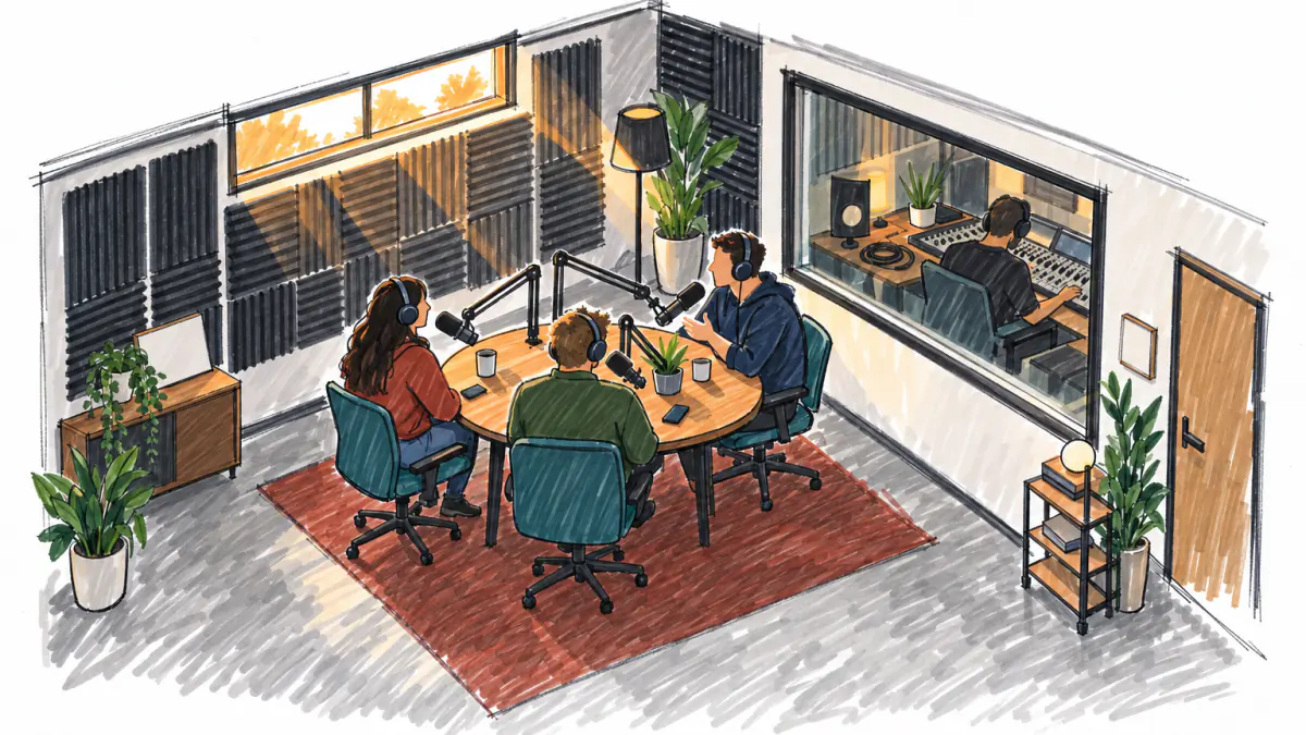 Recording session in a rented studio, AI illustration Marker sketch of two guests and a host talking into boom microphones in a padded studio while an engineer adjusts a mixer behind glass
