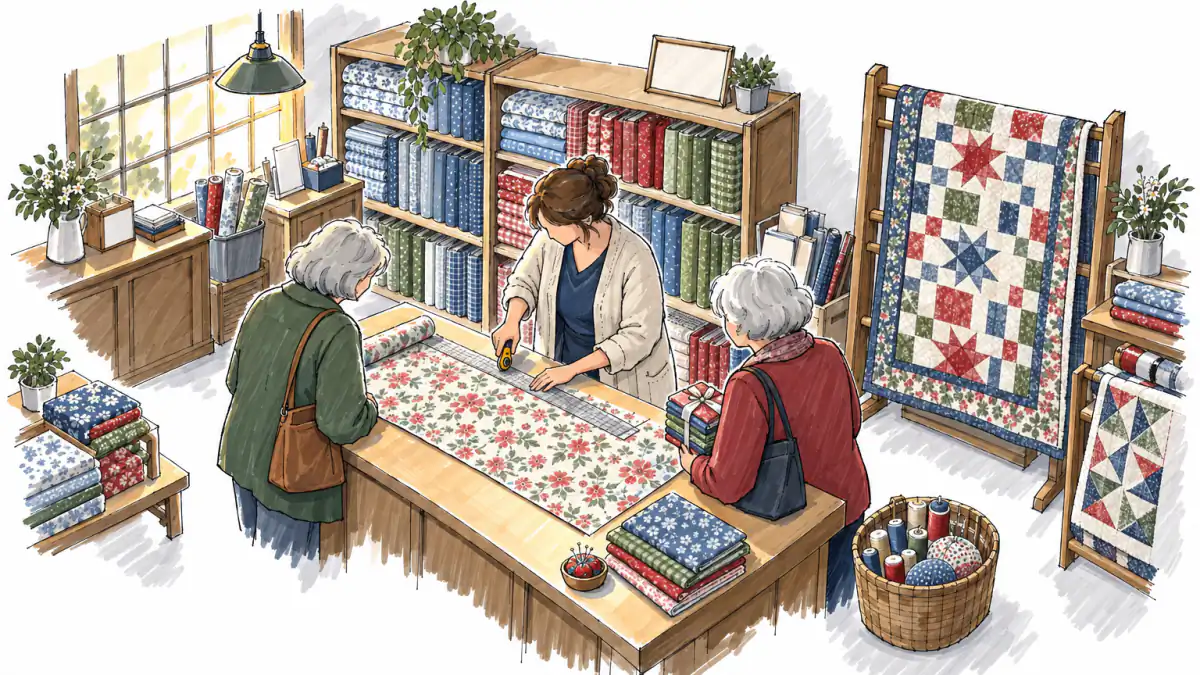 Marker sketch of a quilt shop owner cutting floral fabric at a table as two older women watch, with fabric bolts and a hanging quilt behind