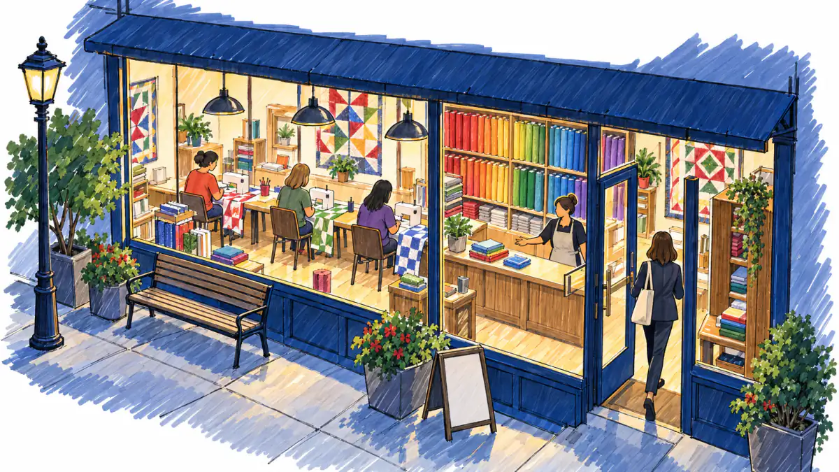 Marker sketch of a lit quilt shop at dusk, a wall of solid fabrics, a clerk greeting a young woman, an evening sewing class