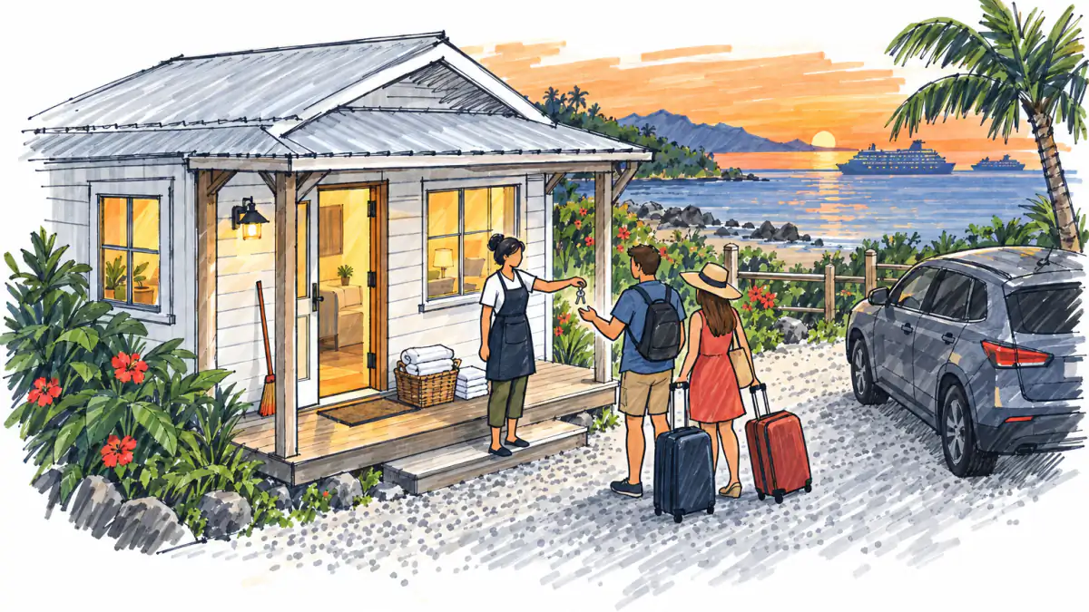 Marker sketch of a host handing keys to guests with suitcases outside a lit rental cottage at dusk, linens on the porch