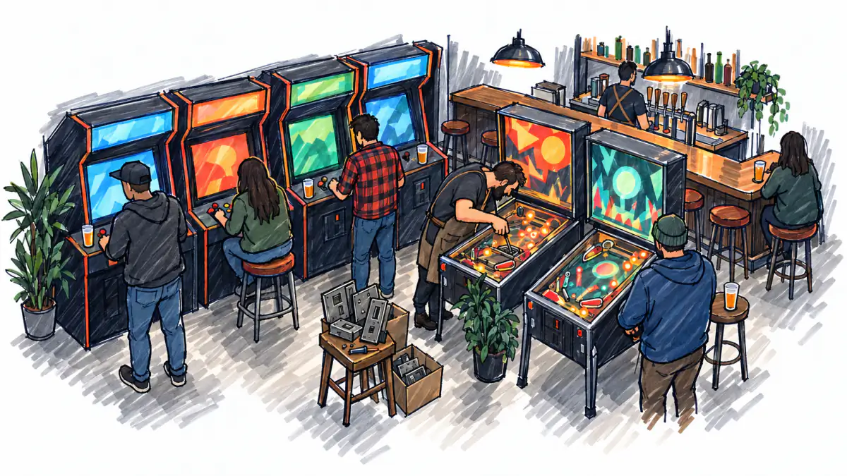 Marker sketch of an owner fixing a pinball machine while adults play retro arcade cabinets with beers in a dim bar