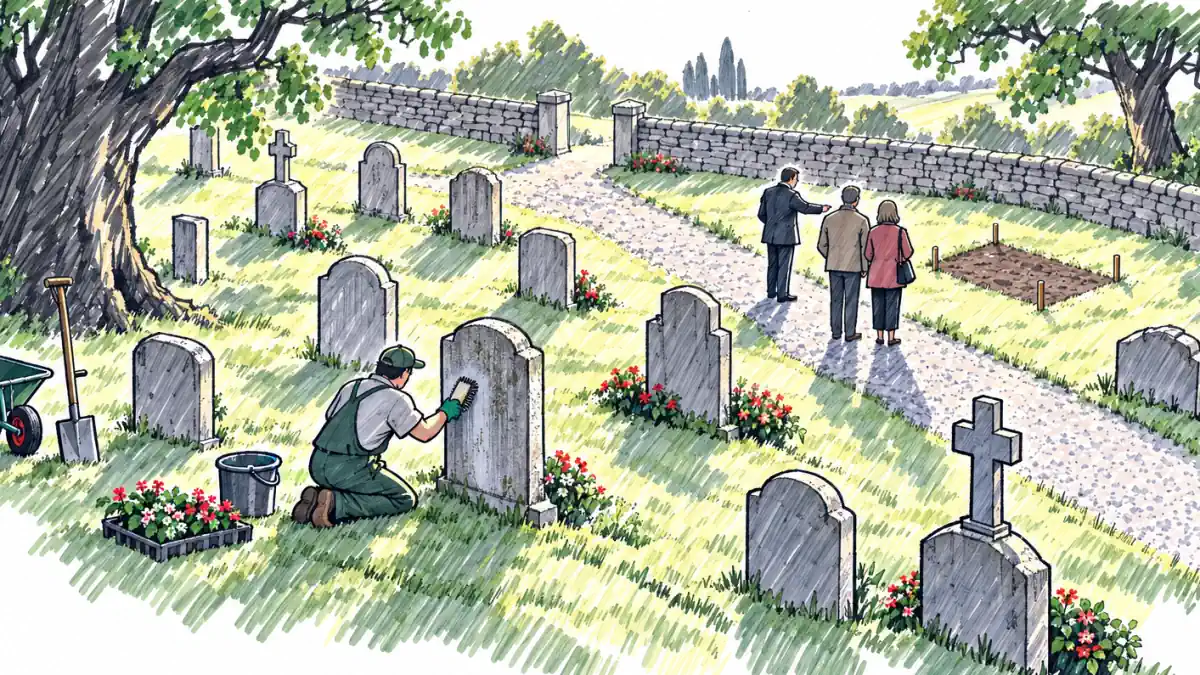 Marker sketch of a groundskeeper cleaning a headstone while a manager shows a couple an open plot in a rural cemetery