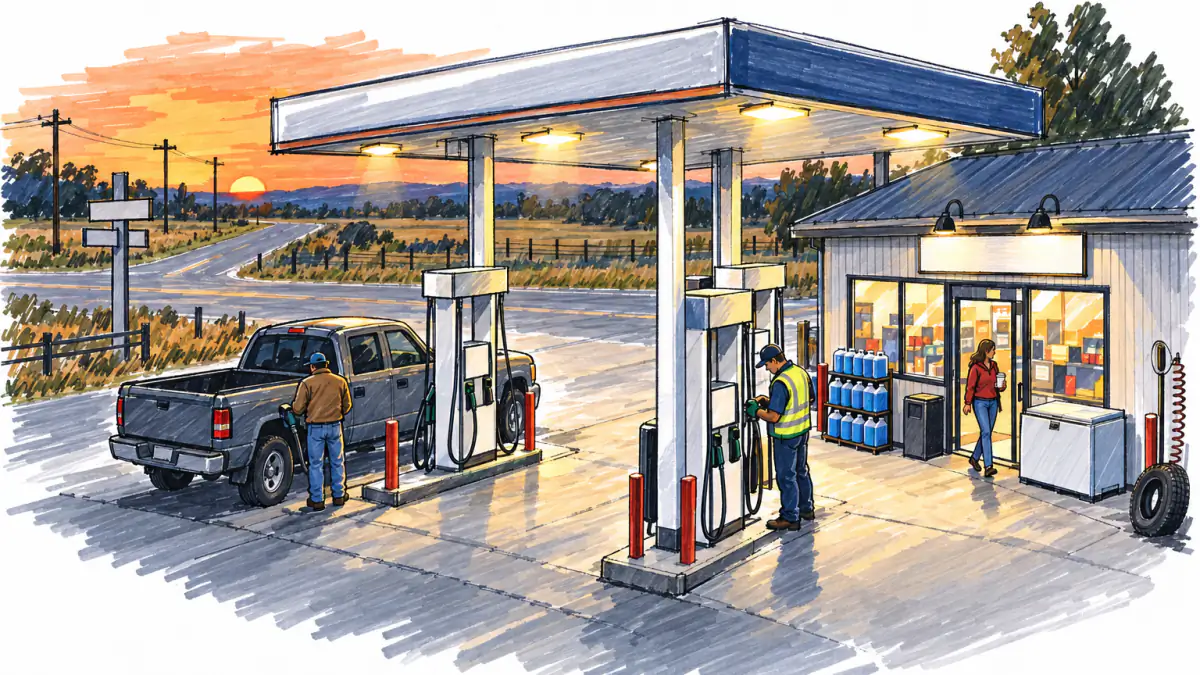 Marker sketch of a rural gas station at dusk, an owner checking a pump while a pickup driver fuels up and a shopper leaves the store