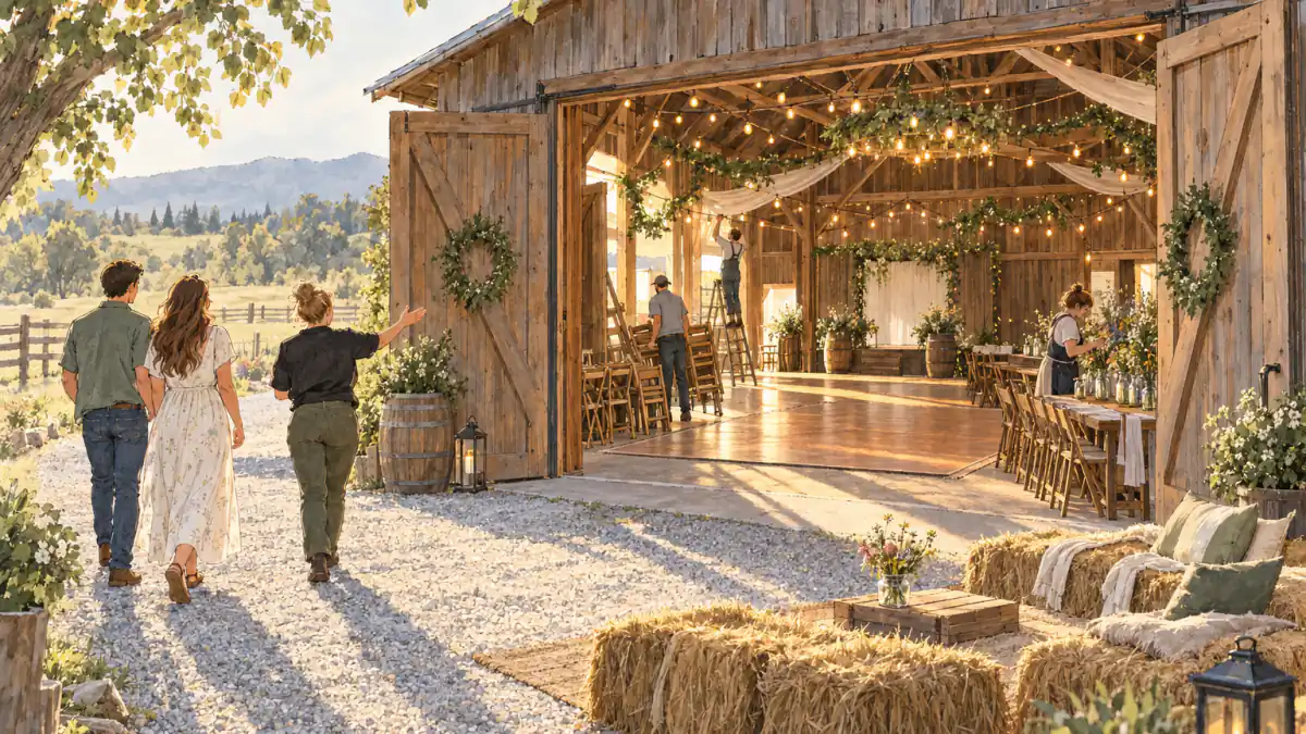 Marker sketch of owners setting chairs and garlands in an open wooden barn while an engaged couple tours the space at golden hour