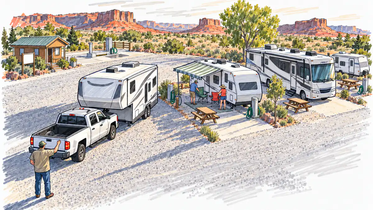 Marker sketch of an RV park at dusk: owner waving a fifth-wheel into a gravel site, campers setting chairs under an awning