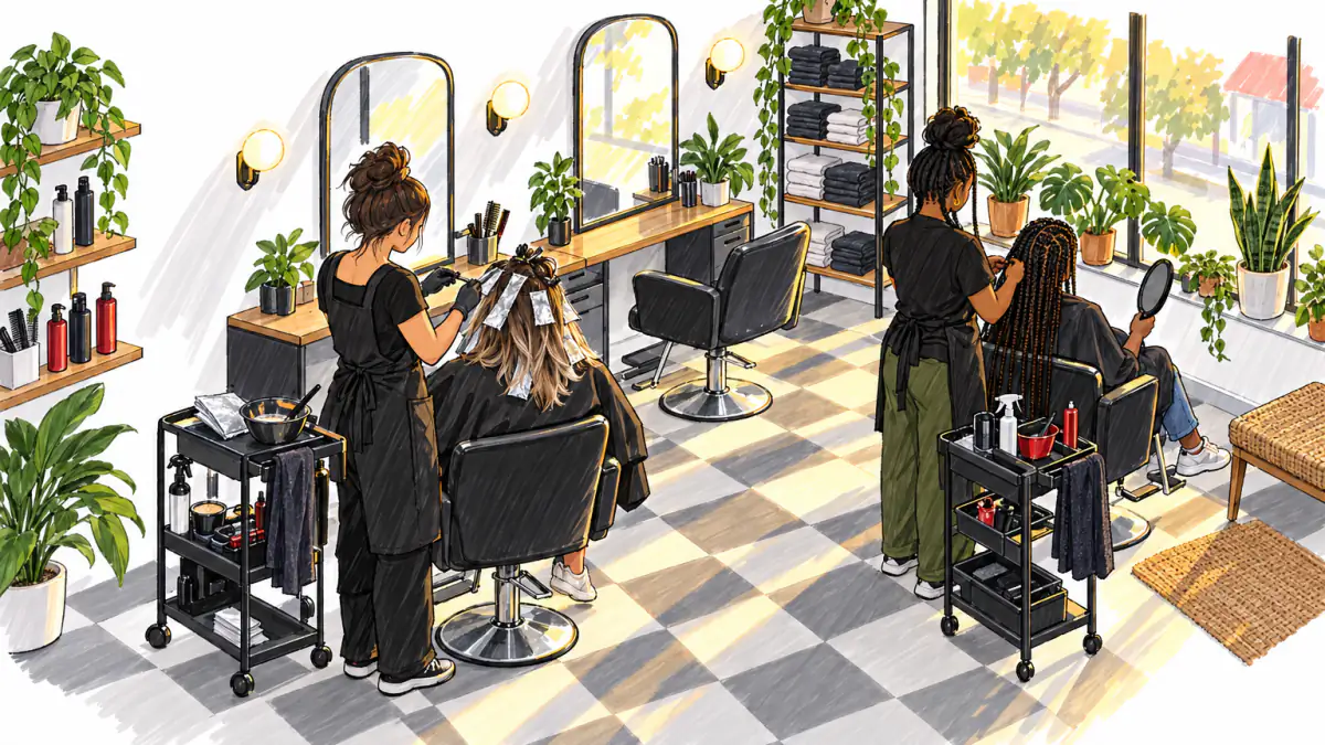 Marker sketch of two stylists at work in a sunny salon, one foiling a client's hair, one braiding, with carts of tools nearby
