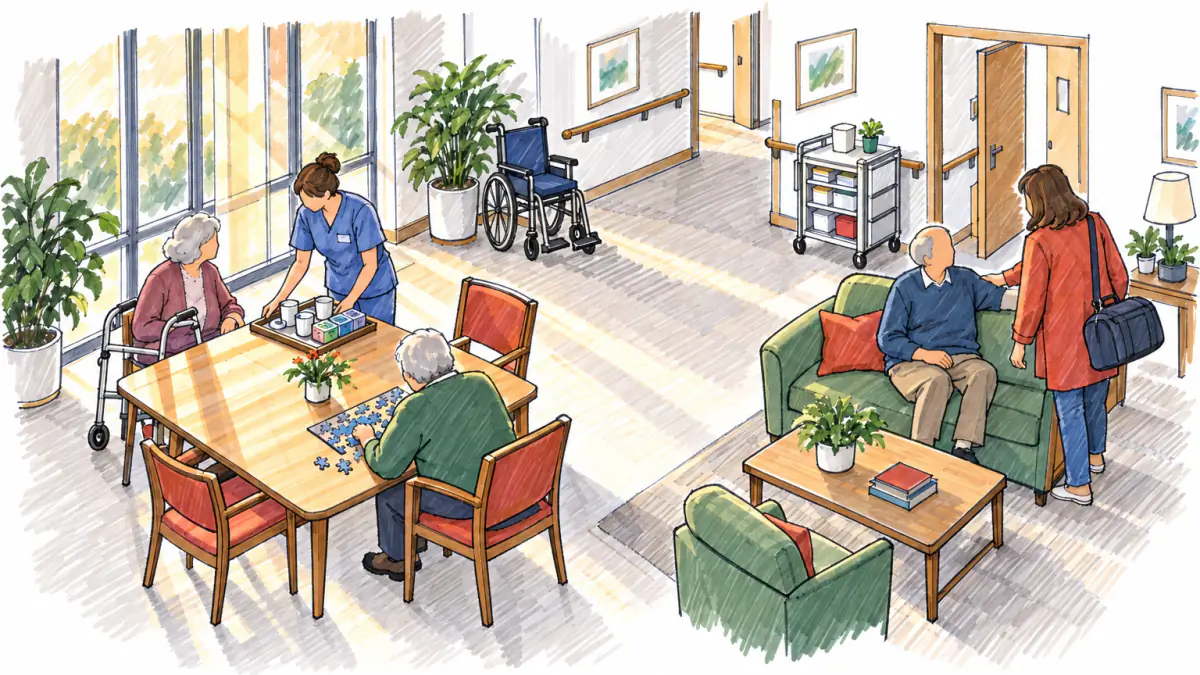 Marker sketch of a caregiver serving tea to seniors at a dining table while a daughter with a bag visits her father in a sunny common room