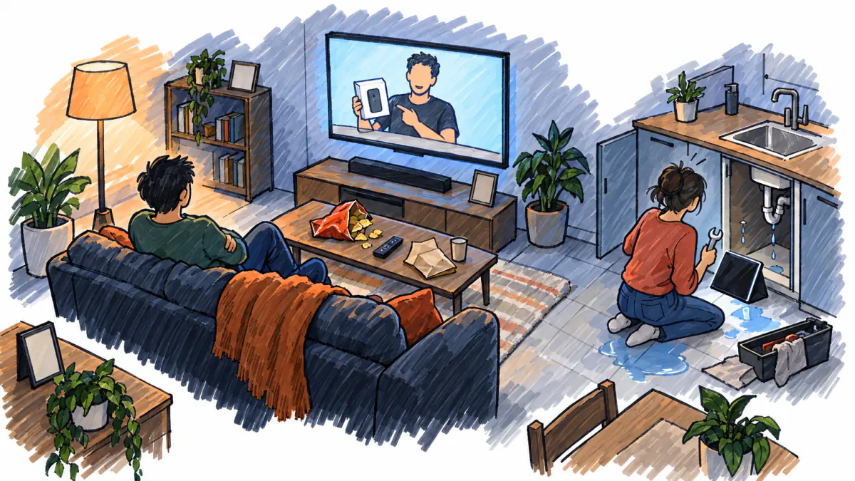 Marker sketch of a viewer with crossed arms watching a reviewer hold a boxed gadget on TV, while another person fixes a sink from a tablet video