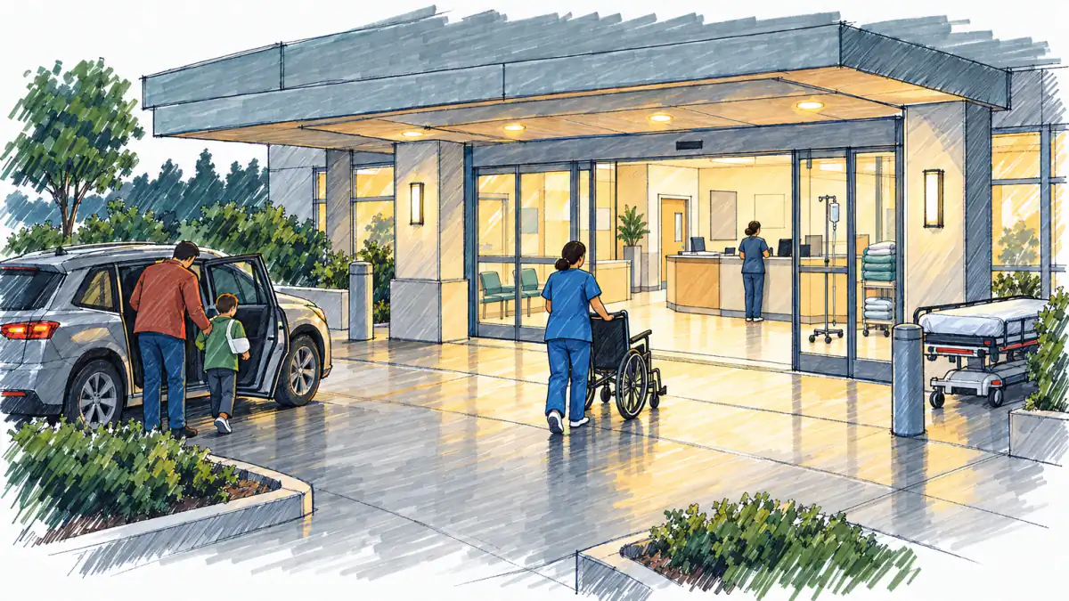 Marker sketch of a small hospital ER entrance at dusk, a nurse with a wheelchair meeting a father and child by a car
