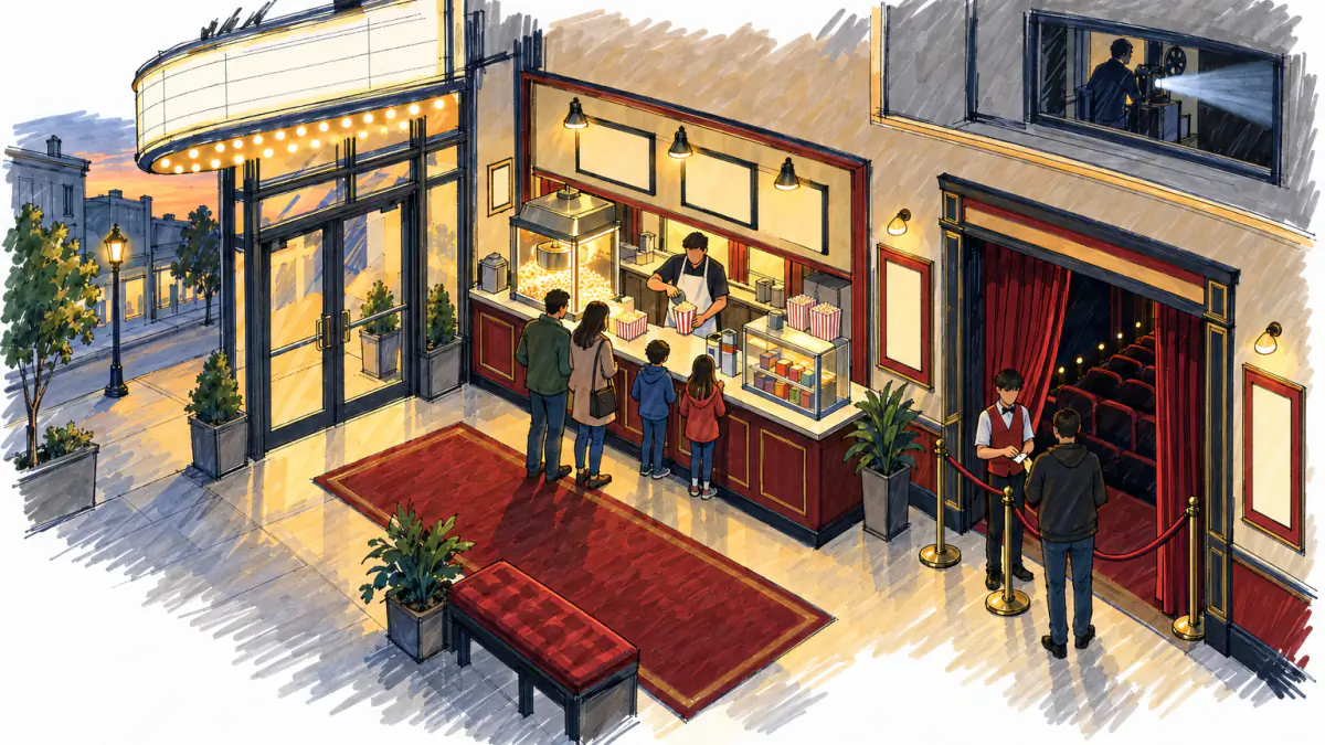 Marker sketch of a small theater lobby where an owner fills popcorn tubs for a waiting family as an usher stands by a velvet rope.