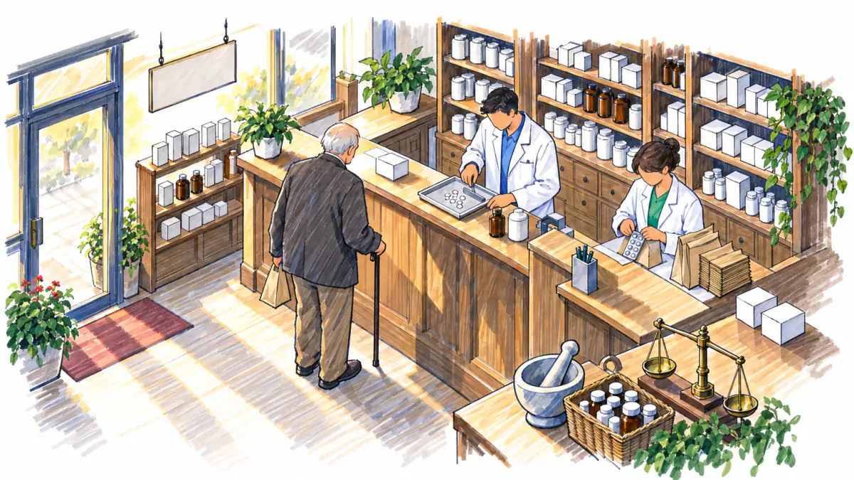 Marker sketch of a pharmacist counting pills behind a counter while a technician seals blister packs and an elderly man waits