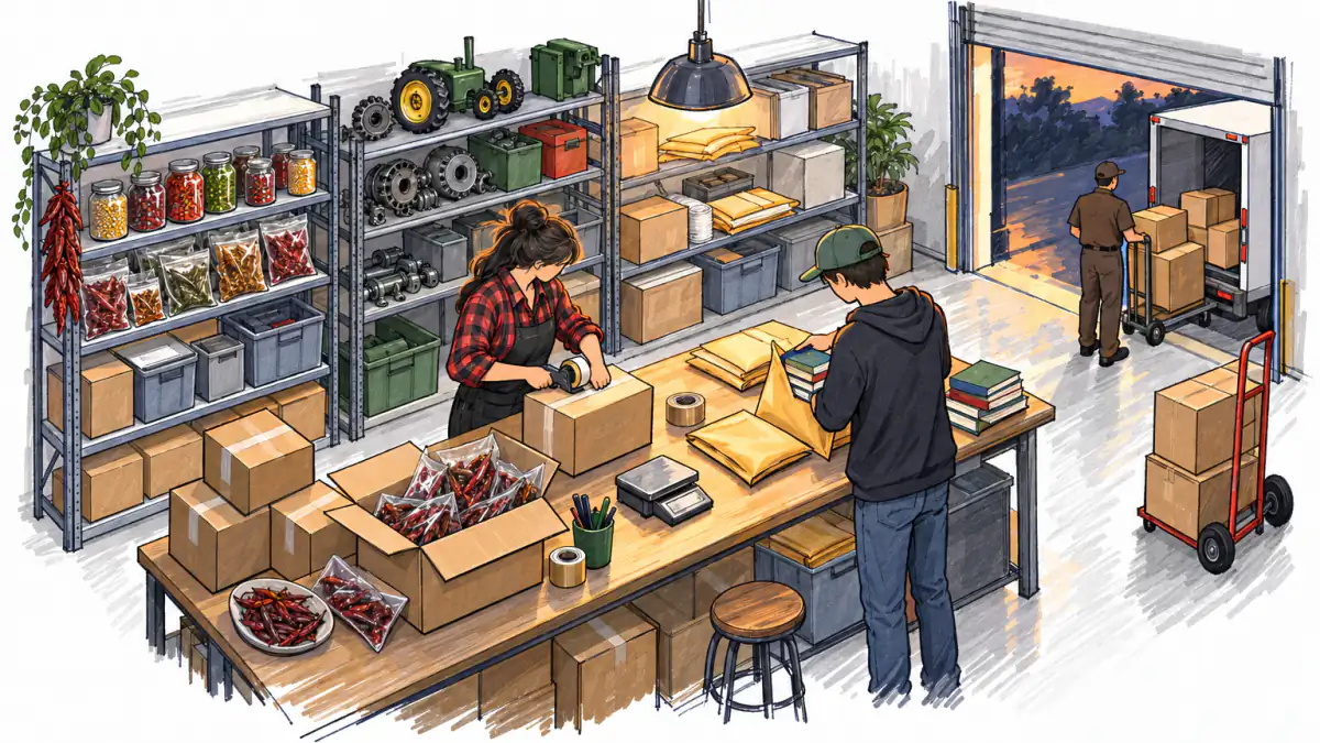 Marker sketch of two people packing chiles, textbooks and fencing wire into boxes in a small warehouse as a driver waits at the door