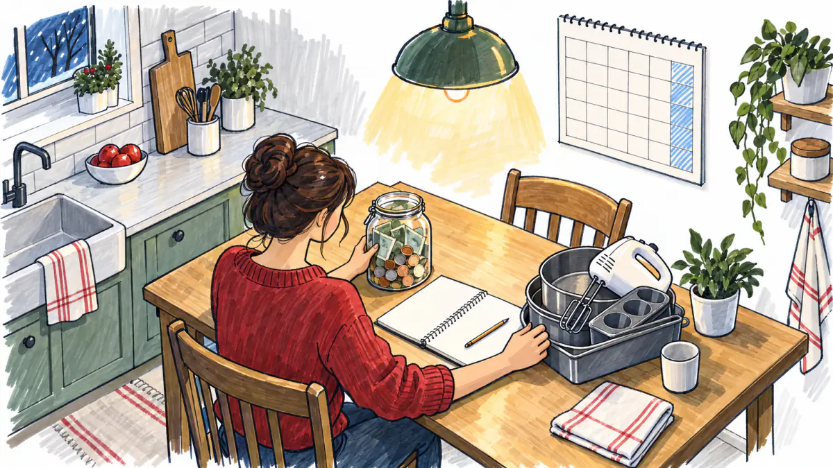 A woman at a home kitchen table in the evening beside a jar of coins and a stack of new baking tins