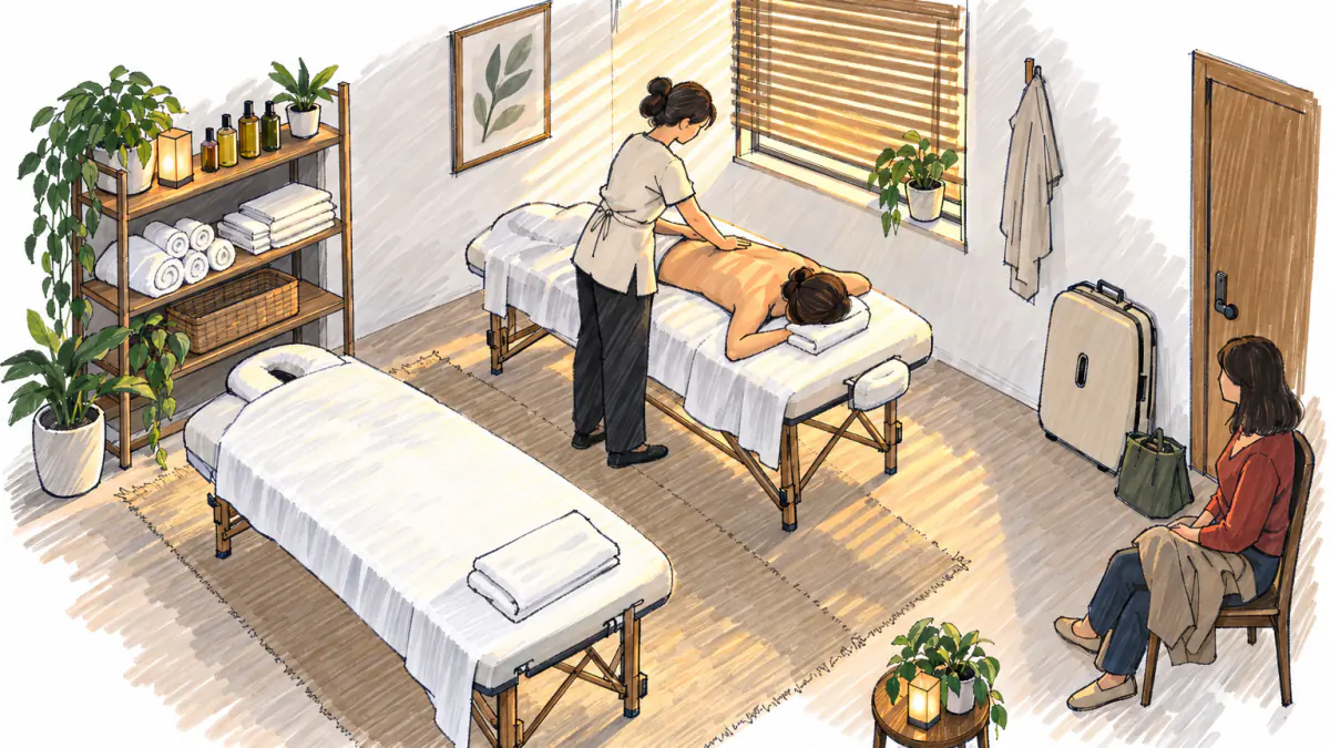 A masseuse works on a client's back on a padded table while a second client waits by the door