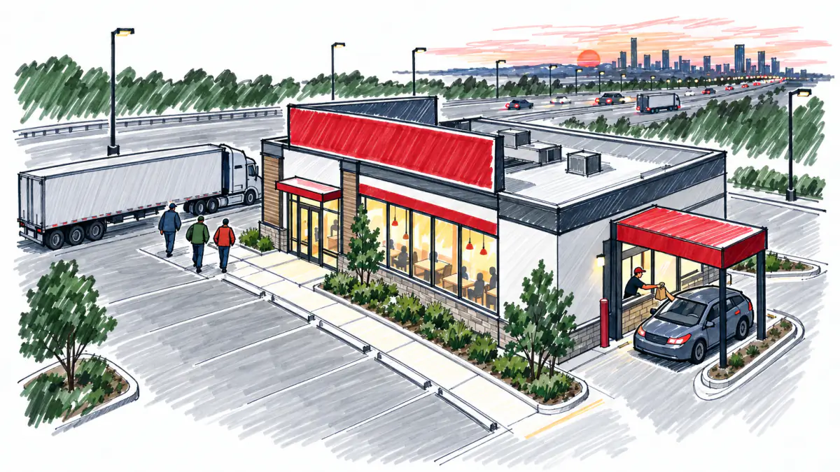 A car waits at a fast-food drive-through window by a highway at dusk, an arm reaching out for a paper bag