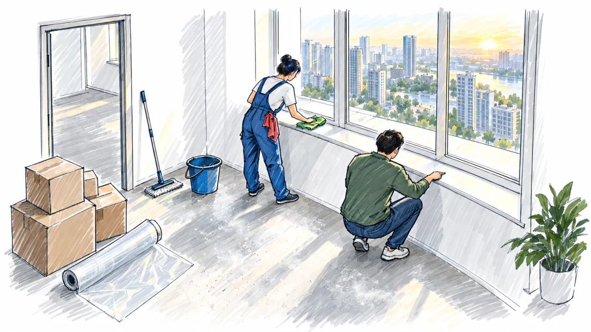 A cleaner wipes white dust off a windowsill as the apartment's new owner crouches to check it with a finger