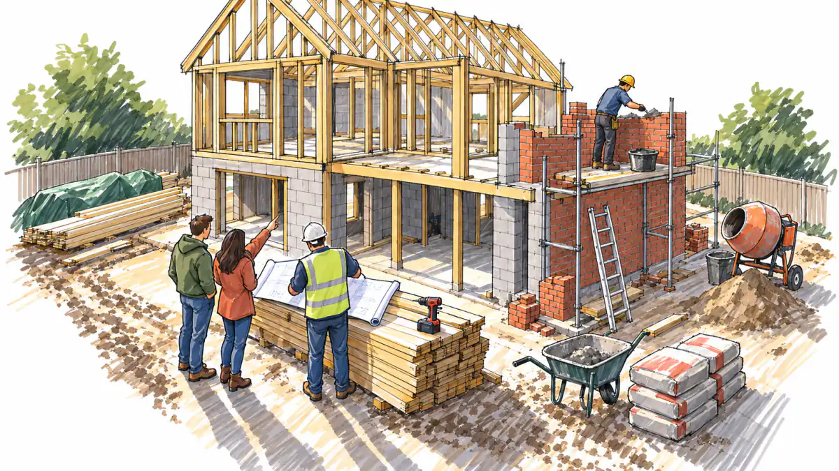 A foreman unrolls a blueprint on stacked lumber beside a couple of clients at a half-built timber house