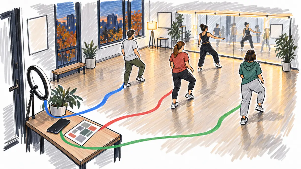 Adult beginners in sportswear try first steps on a wooden floor in front of a long mirror as the teacher shows a move