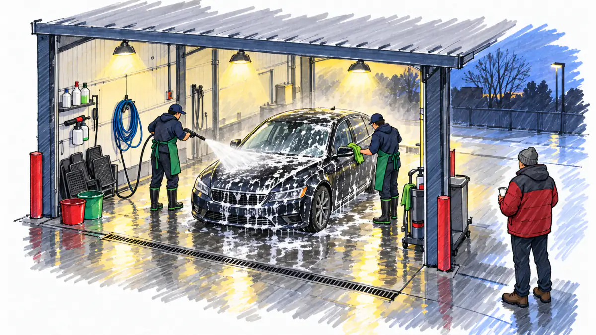 Two workers in rubber boots rinse foam off a dark sedan's hood and wipe a side mirror at dusk