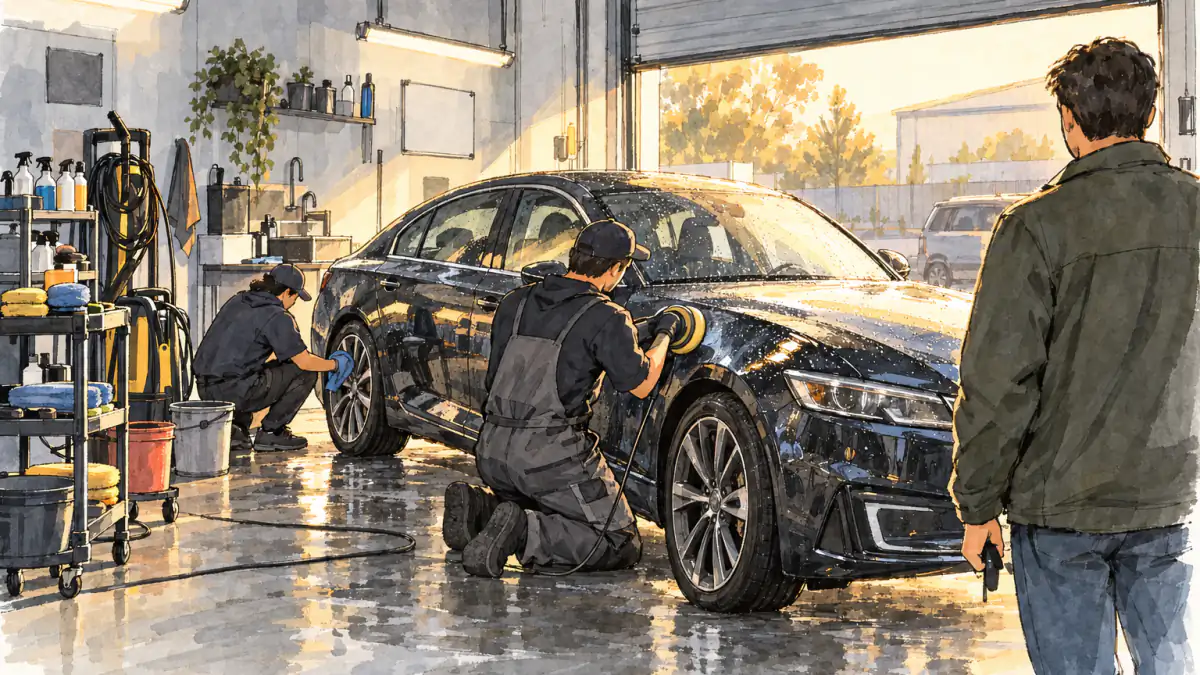 A worker in knee pads runs a rotary polisher over a wet dark sedan while another wipes a wheel rim