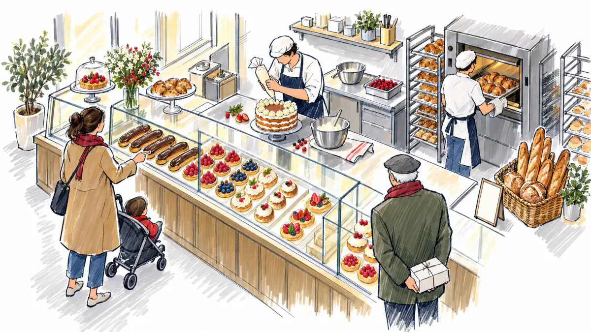 A baker pipes cream rosettes behind a glass case of eclairs and fruit tarts while trays come out of the oven