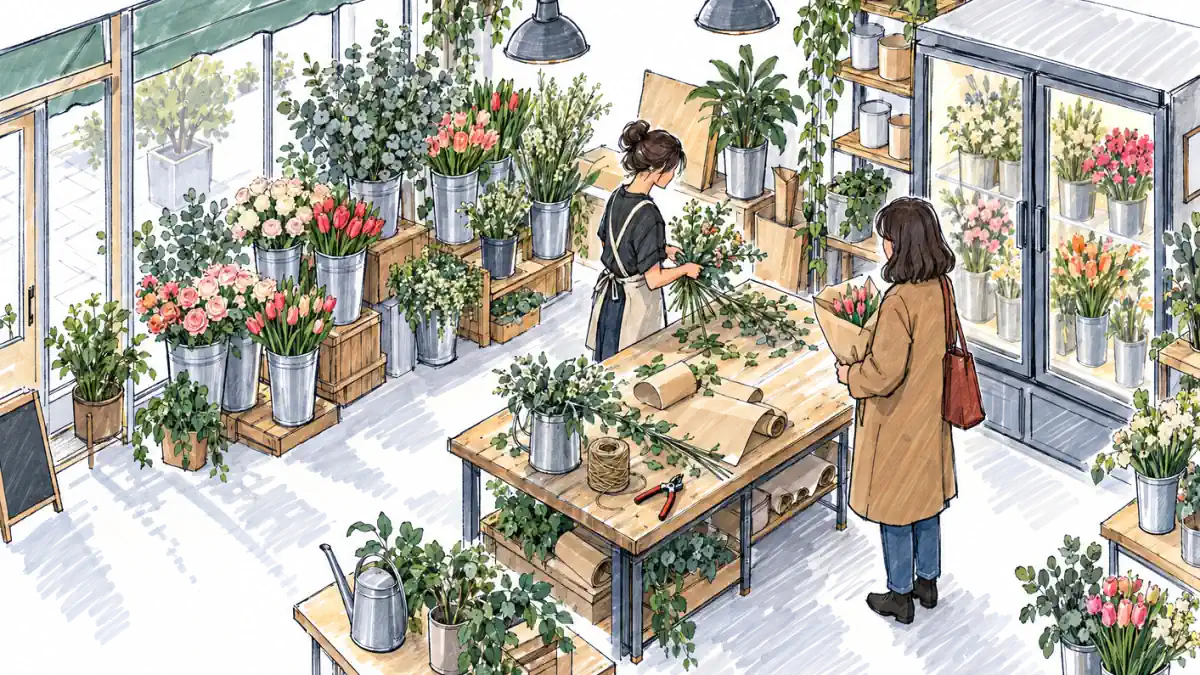 A florist trims stems at a worktable beside zinc buckets of roses, tulips and eucalyptus as a customer waits