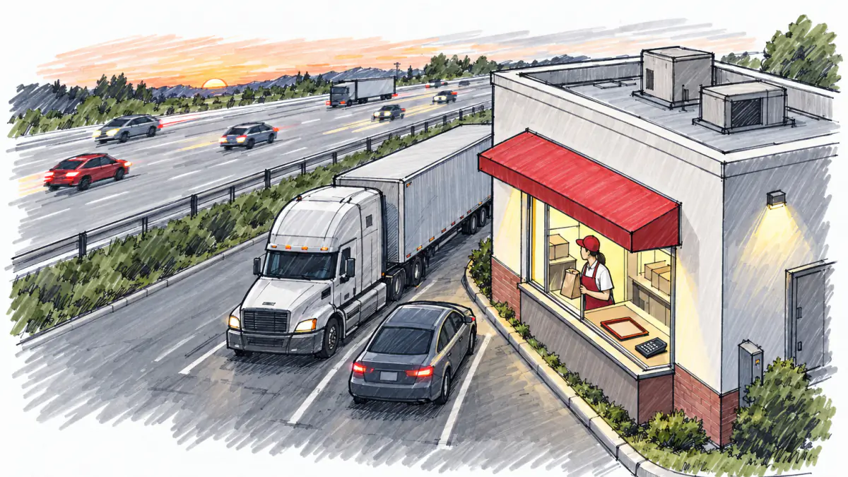 A worker at a drive-through window watches highway traffic stream past a small fast-food building at dusk