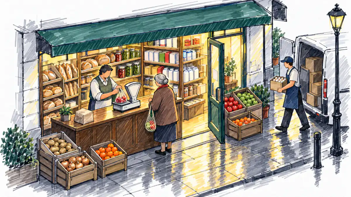 A grocer in a knitted vest weighs a bag of apples on a mechanical scale for an elderly customer